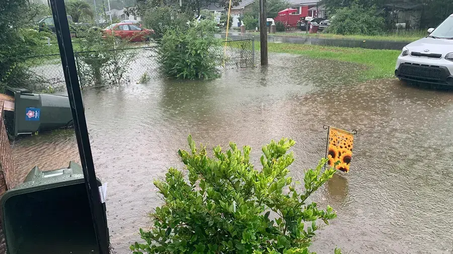 Rainwater flooding a yard and street after a heavy storm in the Charleston area
