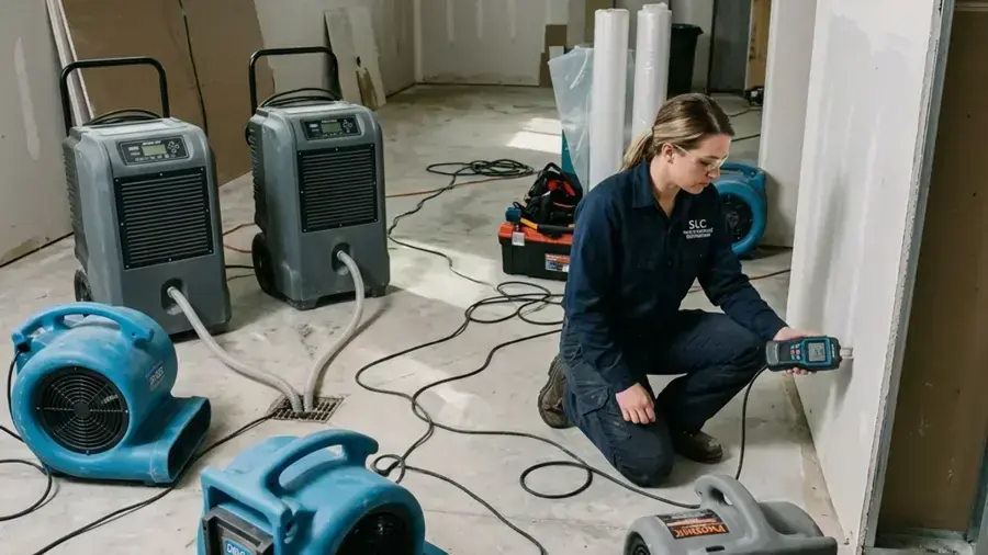 Technician checking a wall with a moisture meter beside dehumidifiers and air movers, structural drying in Goose Creek